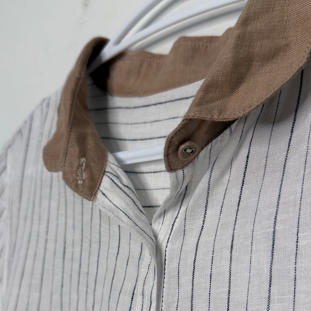 100% linen Striped White and Brown Button-Up Shirt - Picture 5 of 11